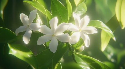 Fototapeta premium White flowers, lush foliage, bright sunlight
