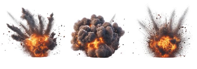 Three digital renderings of explosions, showcasing varying stages of expansion and smoke dispersal, with fiery orange cores