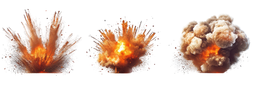 Three variations of a fiery explosion against a black background, showcasing different stages of expansion and smoke dispersal