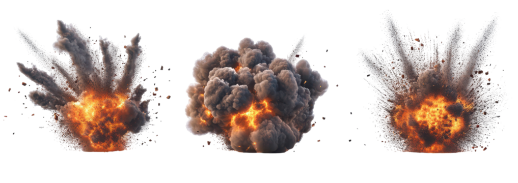 Three digital renderings of explosions, showcasing varying stages of expansion and smoke dispersal, with fiery orange cores