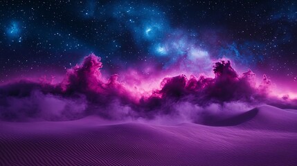 Star Fields Over a Purple Dune Where Smoke and Swirl Combine In Dreamlike Formation With Distant Planet Bloom