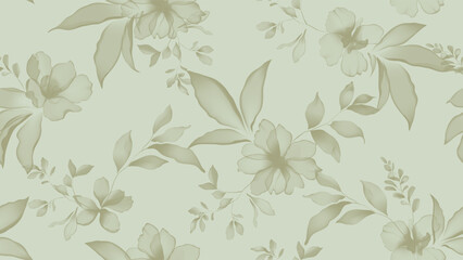 Floral seamless pattern features translucent flowers and leaves in shades of green on a soft green background. The flowers and leaves have a painterly, slightly abstract quality