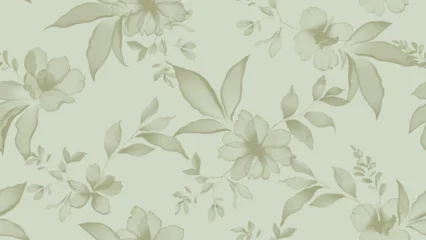 Fototapeten Floral seamless pattern features translucent flowers and leaves in shades of green on a soft green background. The flowers and leaves have a painterly, slightly abstract quality © momosama