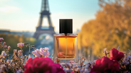 paris perfume bottle flowers eiffel background