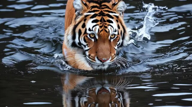 Majestic tiger stalking through rippling water in slow motion for wildlife exploration
