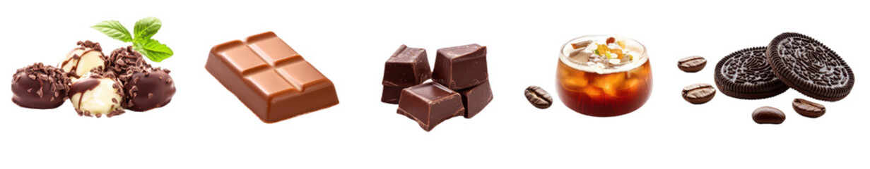 A delectable assortment of chocolate, coffee, and cookies; mint-topped truffles, milk chocolate bar, dark chocolate squares, iced coffee, and chocolate sandwich cookies
