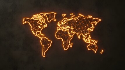 A glowing orange neon world map, outlined with interconnected nodes, is displayed on a dark brown textured background.