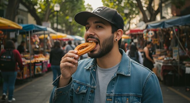 Fototapeta Savoring Street Food Delights A Man Enjoying a Churro at a Vibrant Outdoor Market
