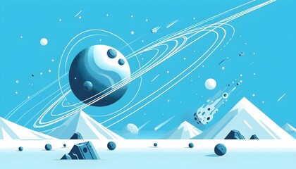 Obraz premium Vector flat design showing Earth with asteroid nearby and orbit lines in the light blue sky, suitable for educational banners with room for copy