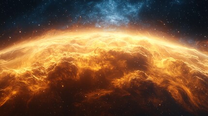Surreal Storm Forms Above a Glowing Astral Surface Where Yellow Smoke Swirls Around a Planet Surrounded By Soft Dust and Star Trails