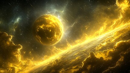 Surreal Storm Forms Above a Glowing Astral Surface Where Yellow Smoke Swirls Around a Planet Surrounded By Soft Dust and Star Trails