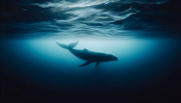 Silhouette of a whale swimming beneath the gentle ocean surface waves in a serene and vast underwater environment with wide format and centered copy space for marine conservation message