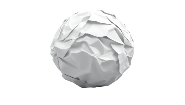 A tightly crumpled, spherical mass of white paper, exhibiting deep creases and folds, isolated on a black background
