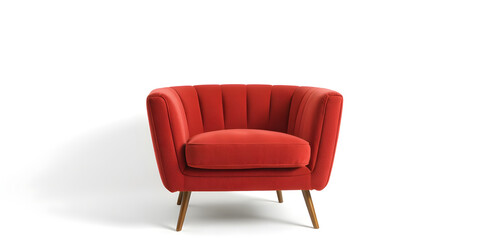 Obraz premium Modern red armchair with plush texture on white background for home decor inspiration. Header banner mockup with copy space.