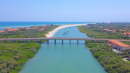 Naklejka premium A coastal waterway with a bridge and shoreline development.