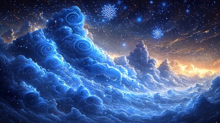 The Sky Becomes a Story As Blue Dust Spirals Into Marble Clouds Around Fractal Star Blooms and Soft Ink Motion