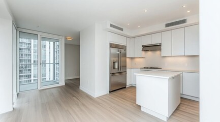 Fototapeta premium Bright, modern apartment interior. Open-concept living area with kitchen