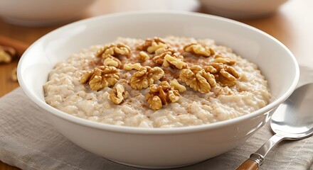 Walnut-studded oatmeal with cinnamon. Brain-boosting senior breakfast, soft texture, omega-3 and fiber