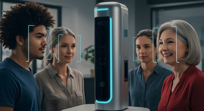 Facial Recognition System Diverse People Biometric Security Technology - Powered by Adobe