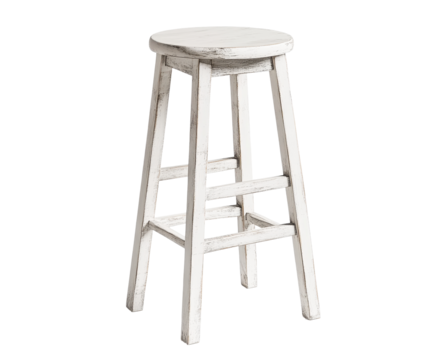 A white, rustic wooden bar stool with a round seat and simple, slightly distressed design