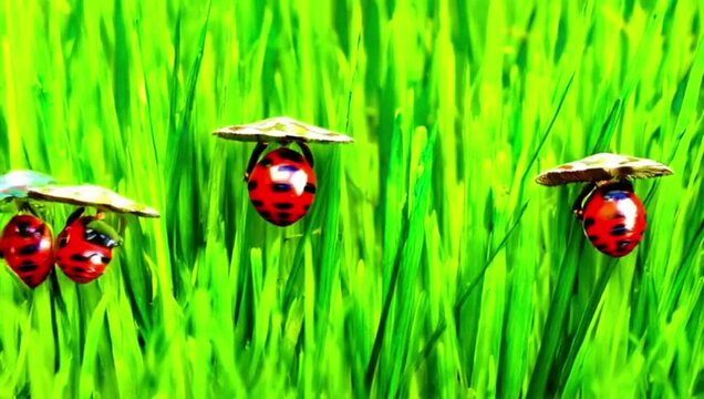 Three red ladybugs wearing mushroom caps crawling on bright green grass blades, vibrant and surreal scene.
