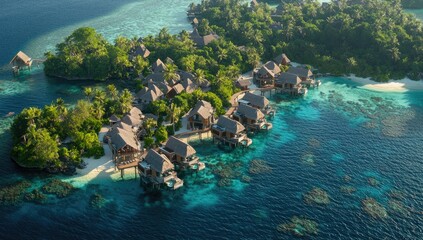 Tropical island resort with overwater bungalows.