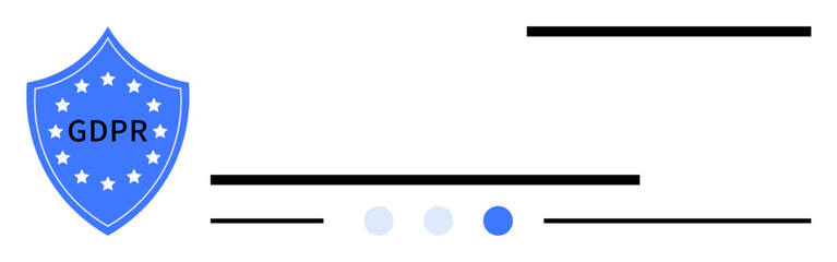 Blue GDPR shield surrounded by stars, horizontal lines as interface graphics, dot progress indicator. Ideal for data privacy, cybersecurity, compliance, law, protection, technology simple landing
