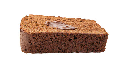 A triangular slice of moist, dark brown sponge cake, featuring a dollop of smooth chocolate spread in the center, isolated on a black background