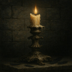 溶け落ちた蝋燭と燭台 - 石壁に灯る残光