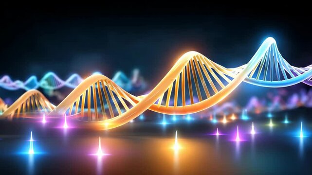 Colorful DNA strands representing genetic science and innovation.