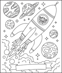 Rocket in space around planet and cloud coloring page for kids, black line art vector illustration for toddler coloring