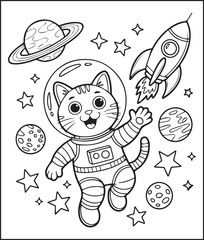 Cute astronaut cat in space rocket and planet around outline vector for children coloring page or book design