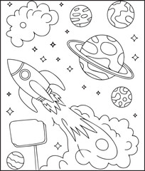Obraz premium Rocket in space around planet and cloud coloring page for kids, black line art vector illustration for toddler coloring