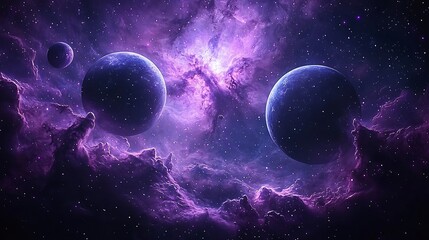 Violet Gas Clouds Drift Through a Mystical Nebula As Soft Fantasy Lights Dance Around Isolated Planets In a Dramatic Deep Space Background