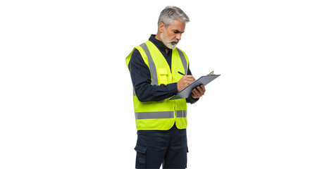 Concentrated Man in Safety Vest Writing on Clipboard