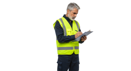 Concentrated Man in Safety Vest Writing on Clipboard