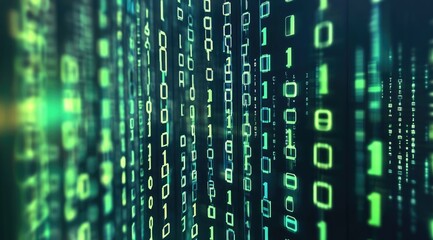 Abstract digital binary code.  Glowing green and teal numbers cascading on a dark background