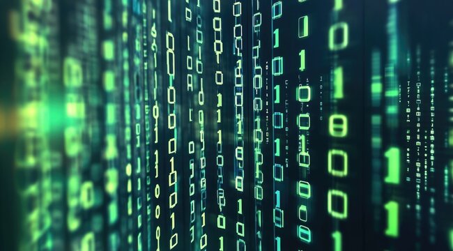 Abstract digital binary code.  Glowing green and teal numbers cascading on a dark background