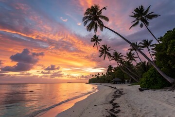 Tropical sunset over the ocean with palm tree silhouettes on a summer beach