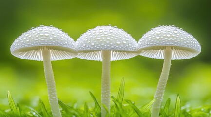 Three delicate white mushrooms with water droplets