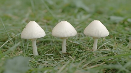 Three small, pale white mushrooms in grass