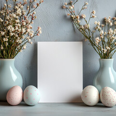 Blank Easter card mockup with spring flowers and eggs. ai generated