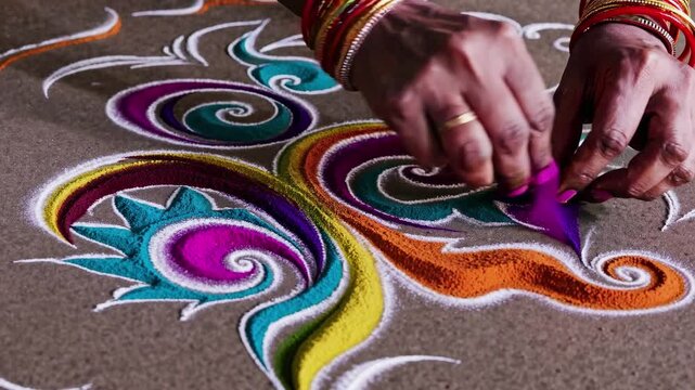 Close-up video of hands creating intricate, colorful rangoli patterns on the ground, showcasing traditional art from a top-down angle.