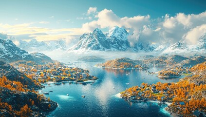 Obraz premium Autumnal fjord town nestled amidst snow-capped mountains.