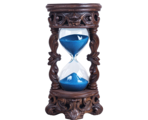 Ornate dark wood hourglass with blue sand, intricate carvings, isolated on black