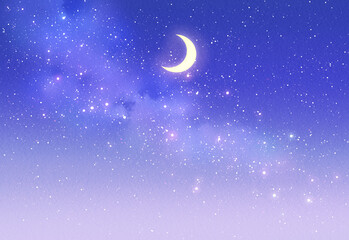 三日月と星空　背景イラスト素材　水彩　夜空