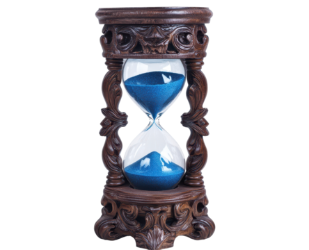 Ornate dark wood hourglass with blue sand, intricate carvings, isolated on black