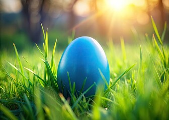 Low Light Easter Egg Photography: Blue Egg on Spring Grass Meadow