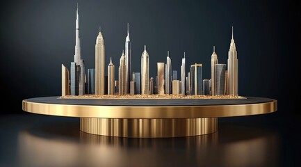 City skyline model on a golden pedestal