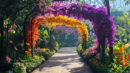 Obraz premium Chromatic floral walkway adorned with vibrant archways, a botanical tunnel